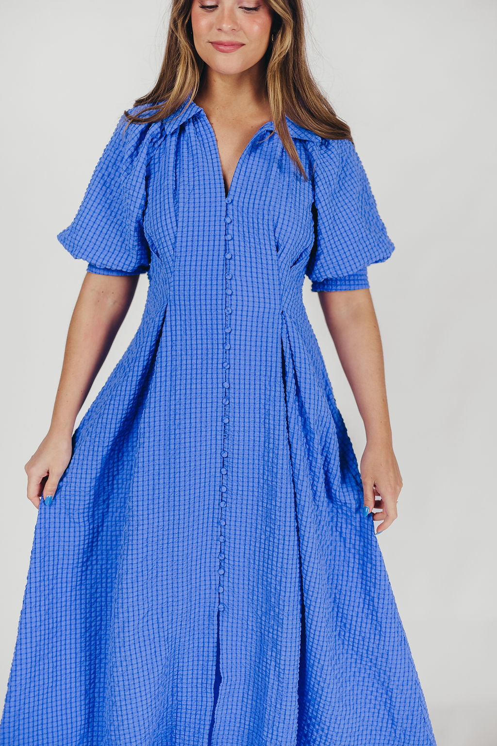 Karsyn Midi Shirt Dress with Puffed Sleeves in Blue