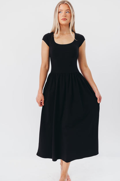 Larissa Short Sleeve Knit Midi Dress in Black