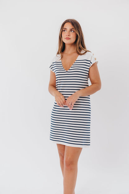 Angela Knit Mini Dress with Shoulder Button Detail in Ivory Stripe