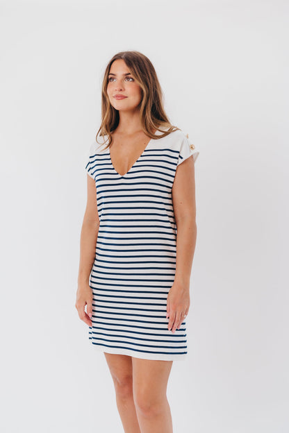 Angela Knit Mini Dress with Shoulder Button Detail in Ivory Stripe