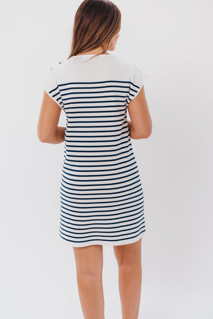 Angela Knit Mini Dress with Shoulder Button Detail in Ivory Stripe