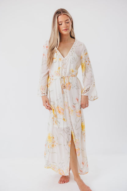 Sophie Flowy Long-sleeved Maxi Dress with Button-Up Front in Vanilla/Coral Floral - Nursing Friendly