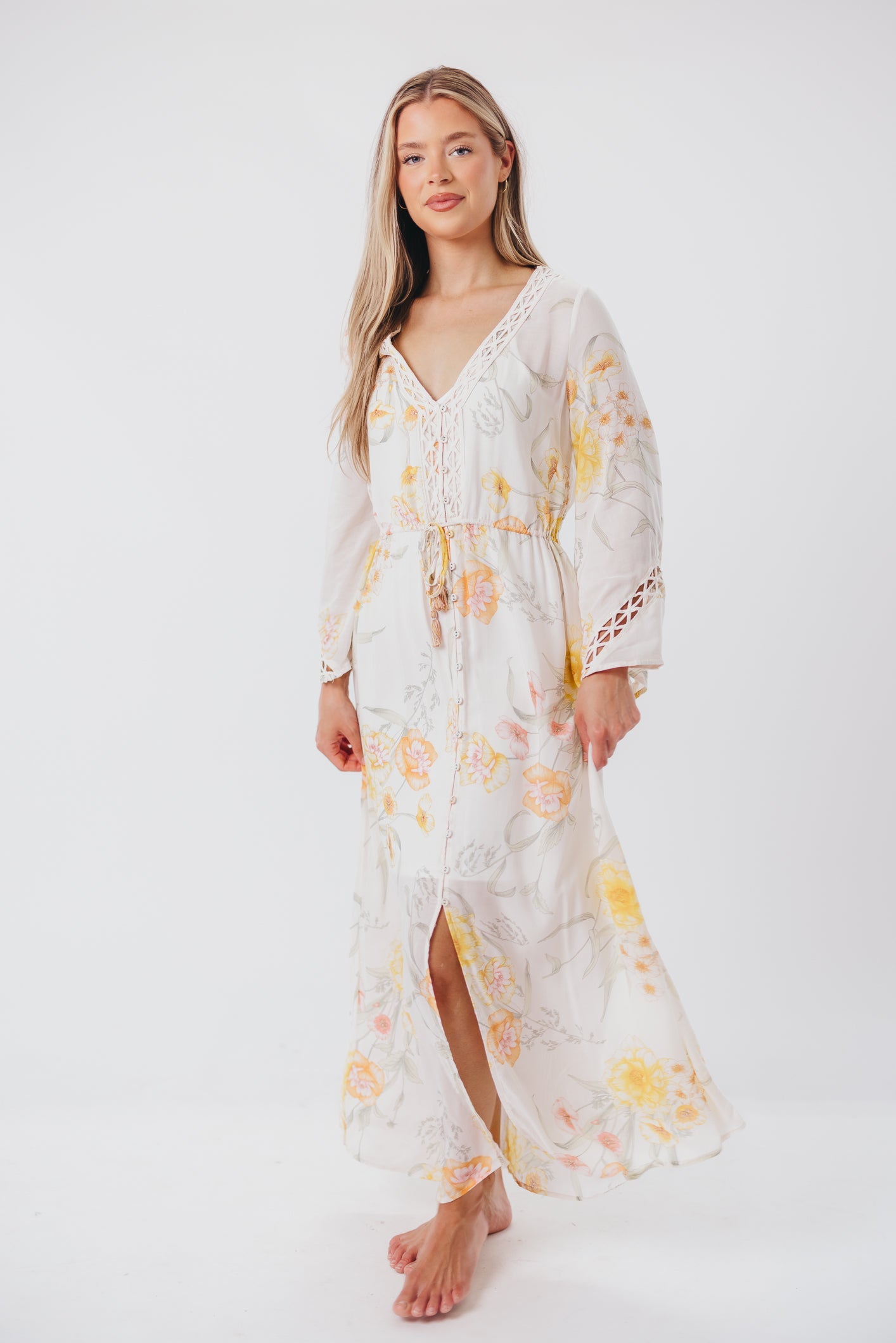 Sophie Flowy Long-sleeved Maxi Dress with Button-Up Front in Vanilla/Coral Floral - Nursing Friendly