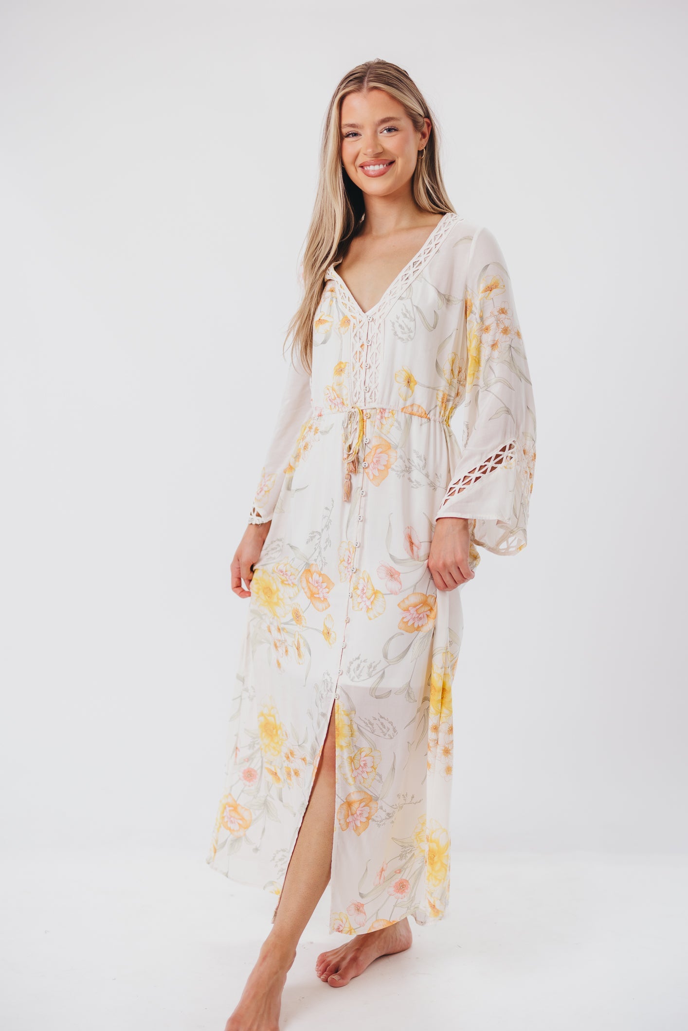 Sophie Flowy Long-sleeved Maxi Dress with Button-Up Front in Vanilla/Coral Floral - Nursing Friendly