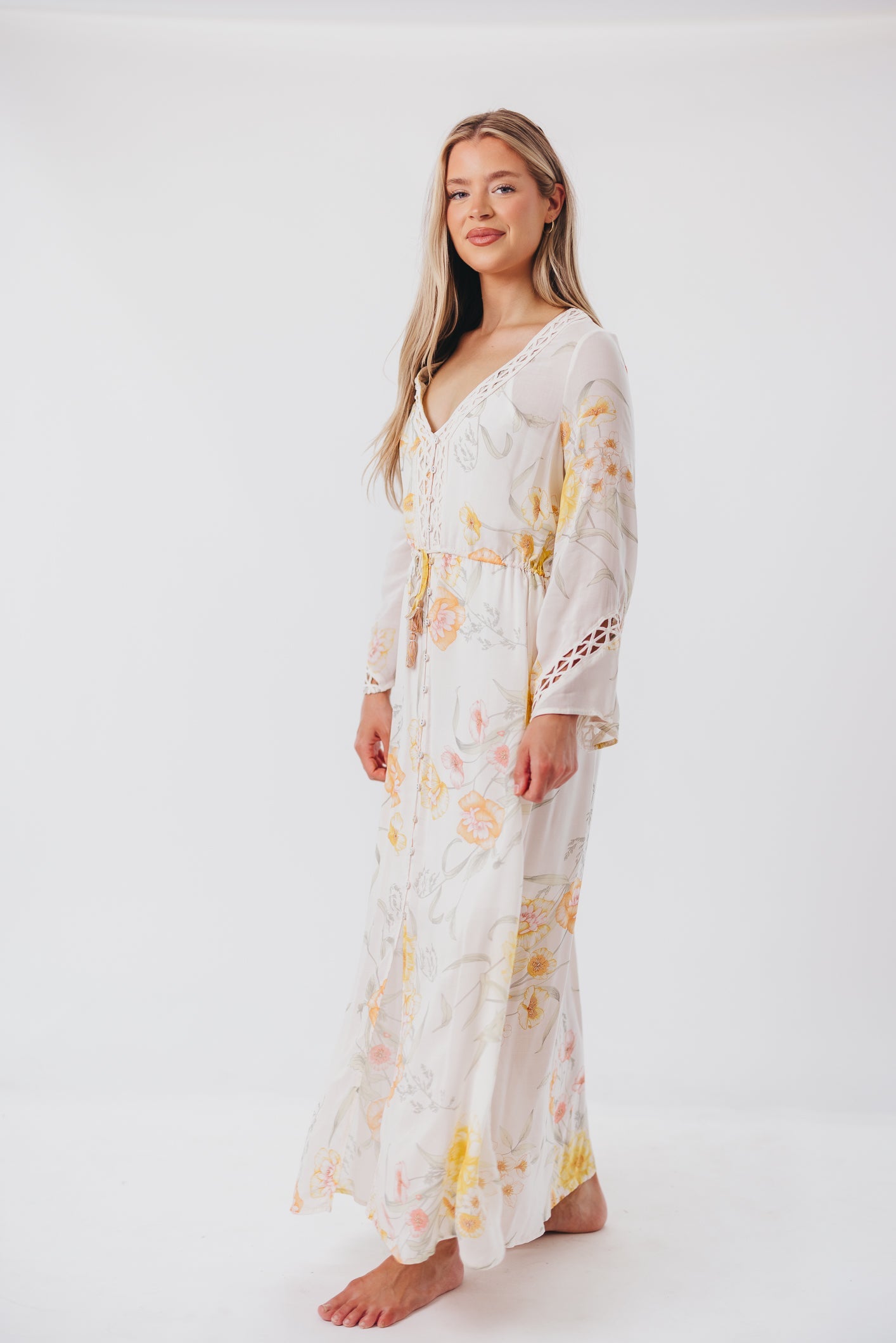 Sophie Flowy Long-sleeved Maxi Dress with Button-Up Front in Vanilla/Coral Floral - Nursing Friendly