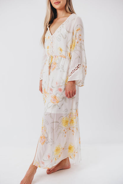 Sophie Flowy Long-sleeved Maxi Dress with Button-Up Front in Vanilla/Coral Floral - Nursing Friendly