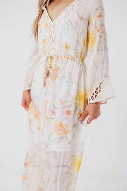 Sophie Flowy Long-sleeved Maxi Dress with Button-Up Front in Vanilla/Coral Floral - Nursing Friendly