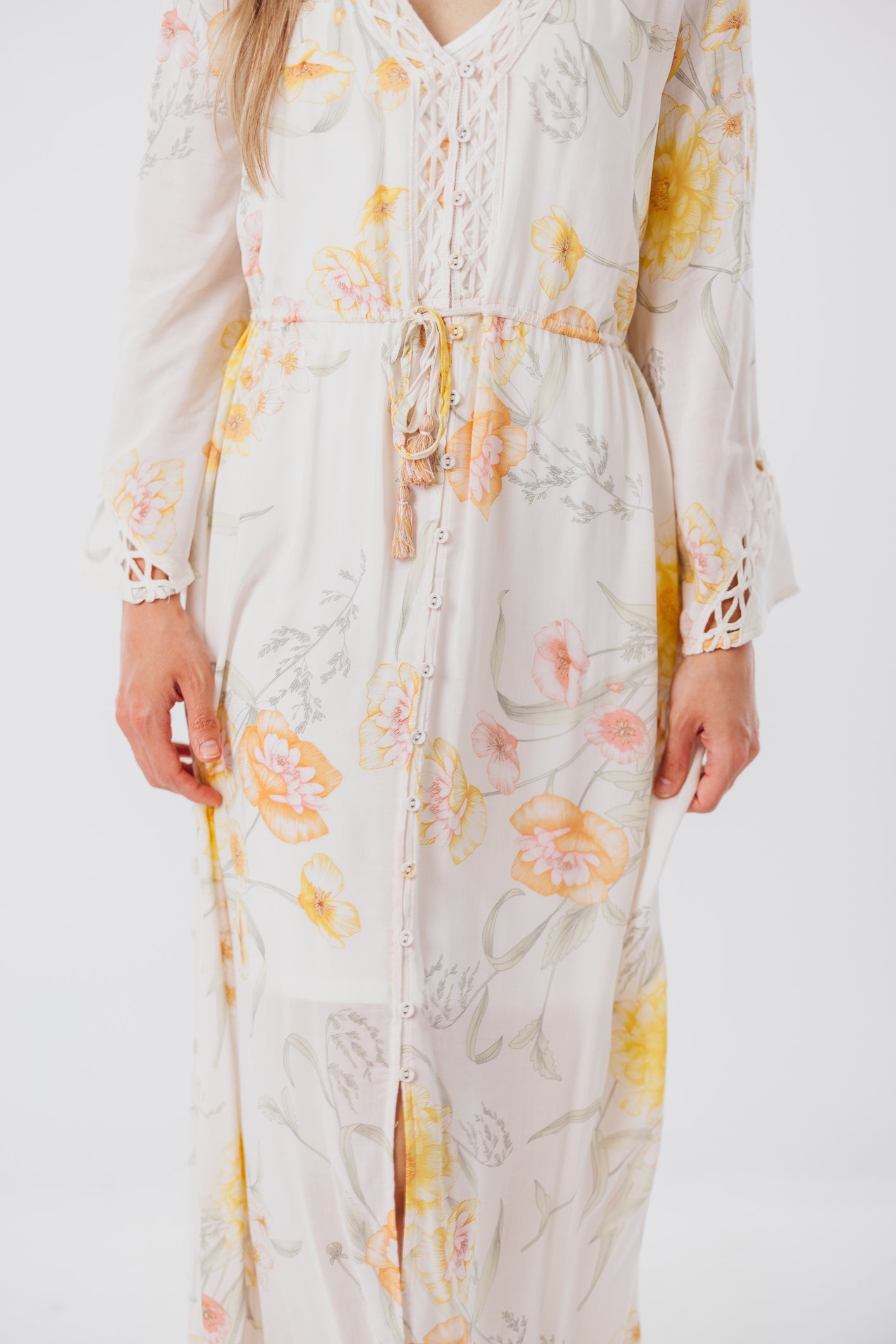 Sophie Flowy Long-sleeved Maxi Dress with Button-Up Front in Vanilla/Coral Floral - Nursing Friendly