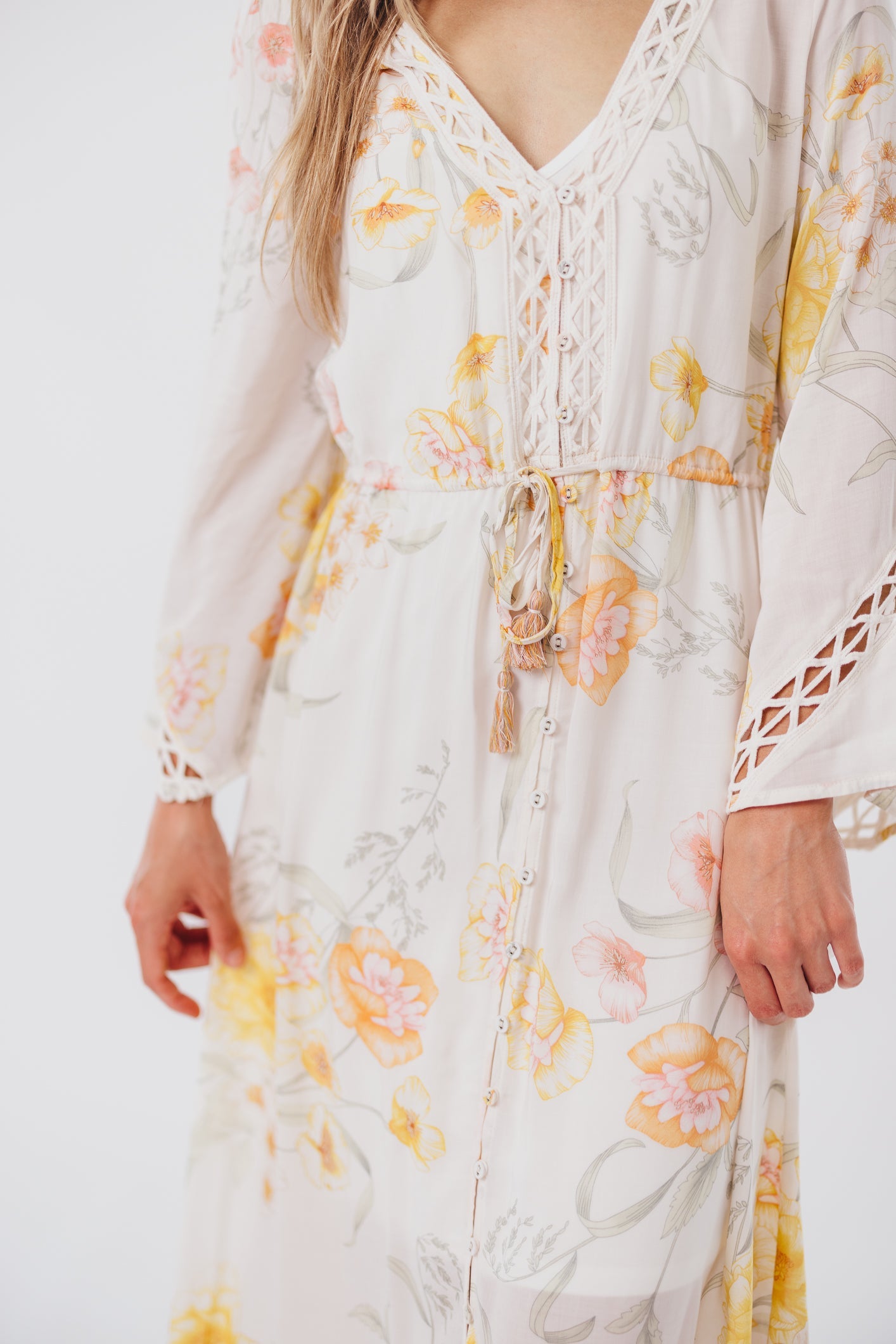 Sophie Flowy Long-sleeved Maxi Dress with Button-Up Front in Vanilla/Coral Floral - Nursing Friendly