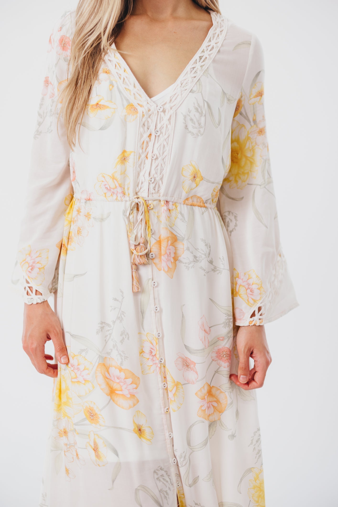 Sophie Flowy Long-sleeved Maxi Dress with Button-Up Front in Vanilla/Coral Floral - Nursing Friendly