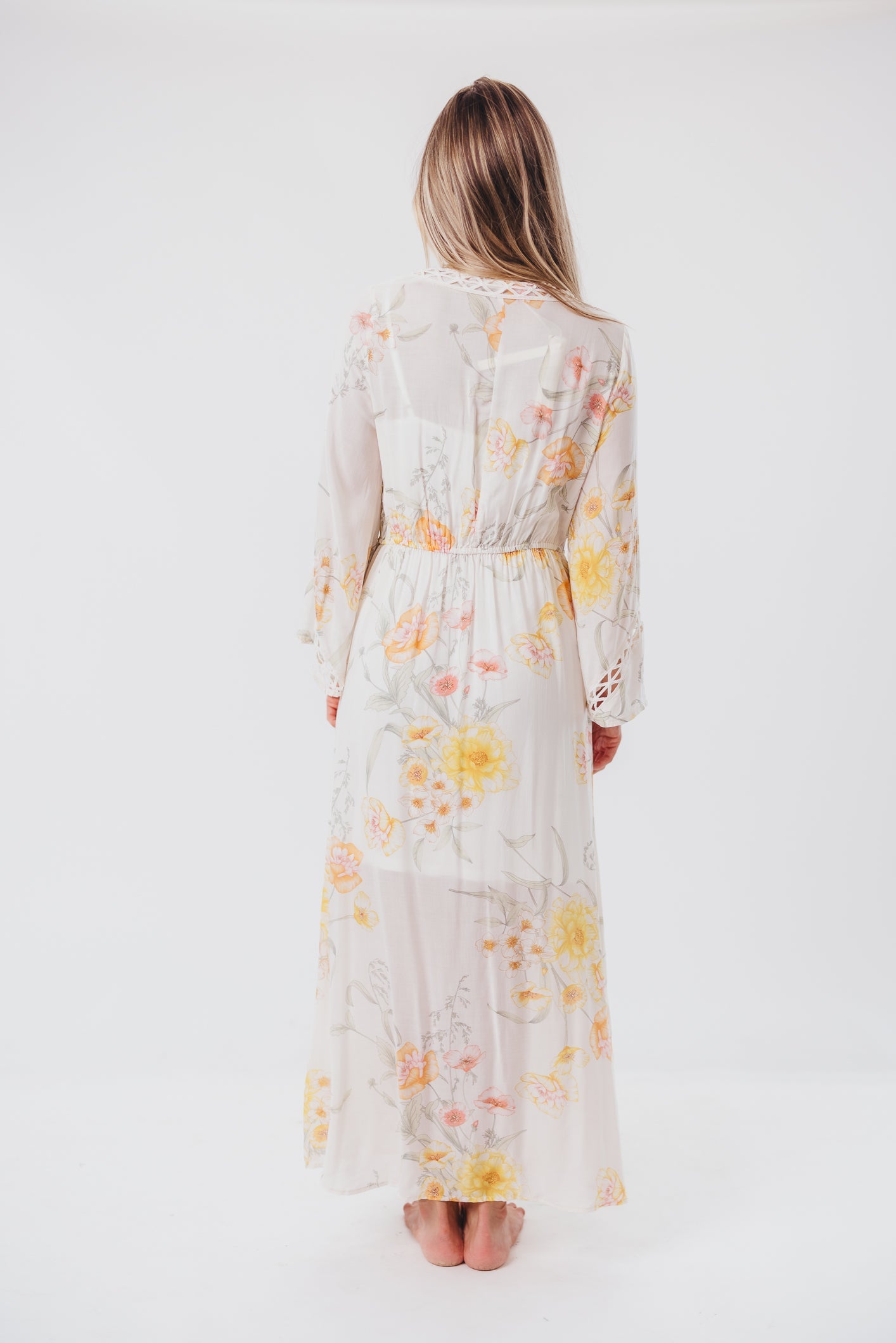 Sophie Flowy Long-sleeved Maxi Dress with Button-Up Front in Vanilla/Coral Floral - Nursing Friendly