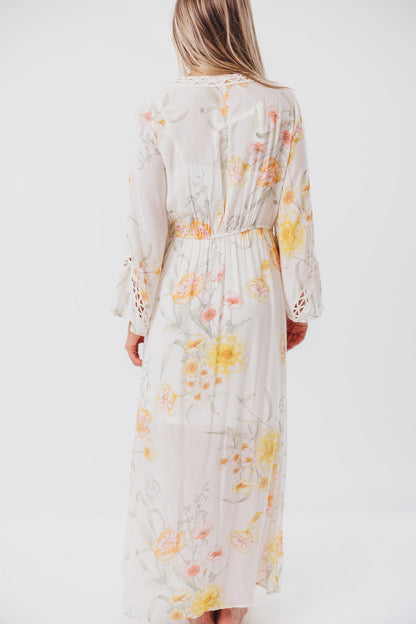 Sophie Flowy Long-sleeved Maxi Dress with Button-Up Front in Vanilla/Coral Floral - Nursing Friendly