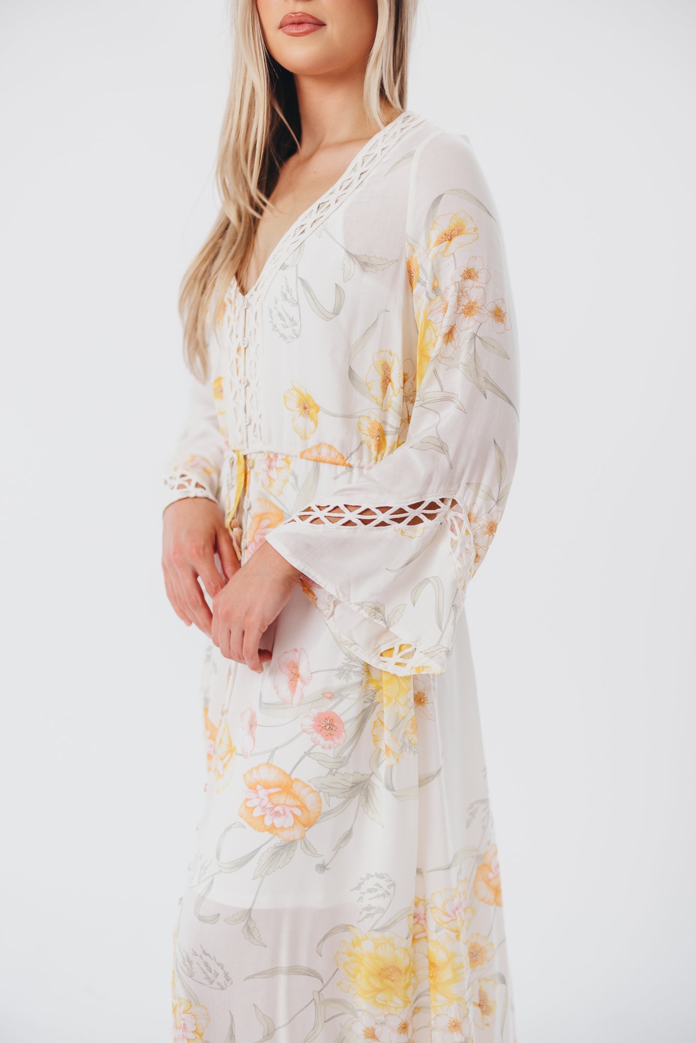 Sophie Flowy Long-sleeved Maxi Dress with Button-Up Front in Vanilla/Coral Floral - Nursing Friendly