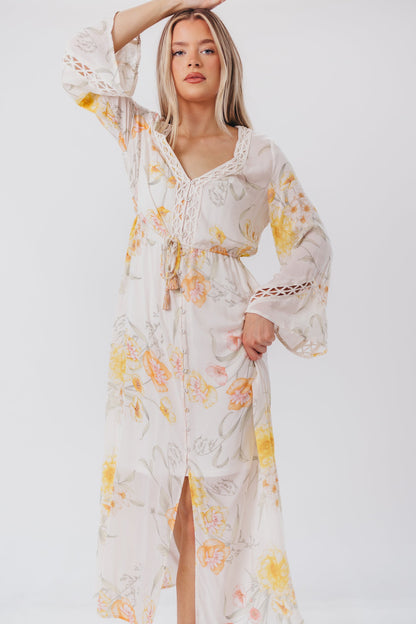 Sophie Flowy Long-sleeved Maxi Dress with Button-Up Front in Vanilla/Coral Floral - Nursing Friendly