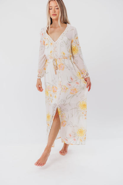 Sophie Flowy Long-sleeved Maxi Dress with Button-Up Front in Vanilla/Coral Floral - Nursing Friendly