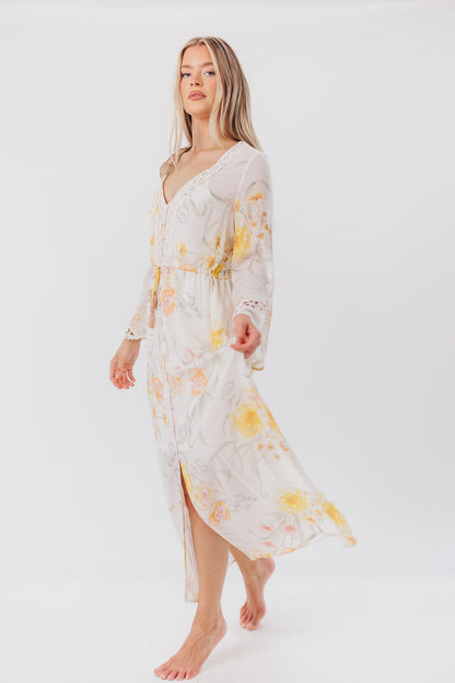 Sophie Flowy Long-sleeved Maxi Dress with Button-Up Front in Vanilla/Coral Floral - Nursing Friendly