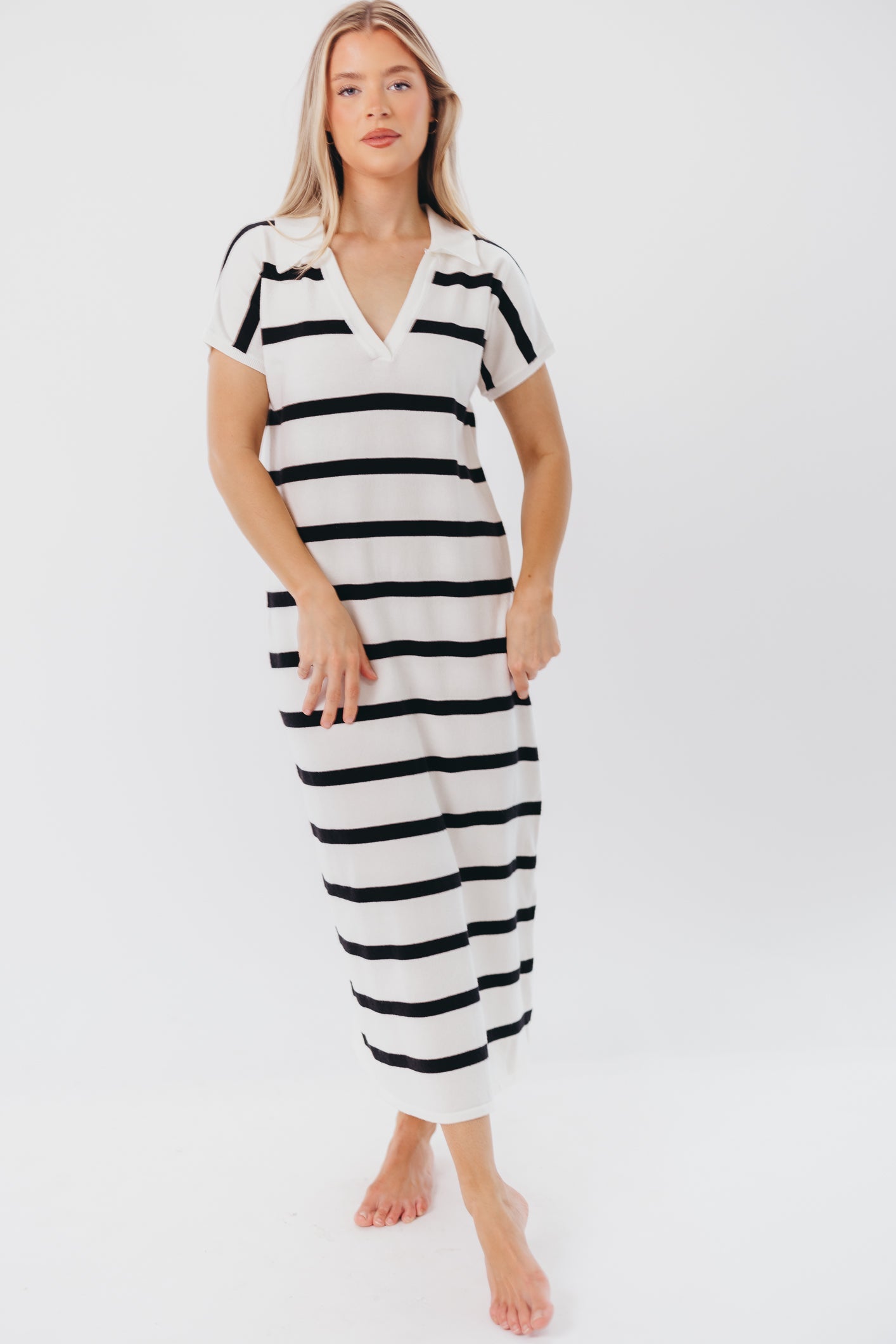 Maggie Knit Maxi Dress with Collar in Off-White/Black Stripe