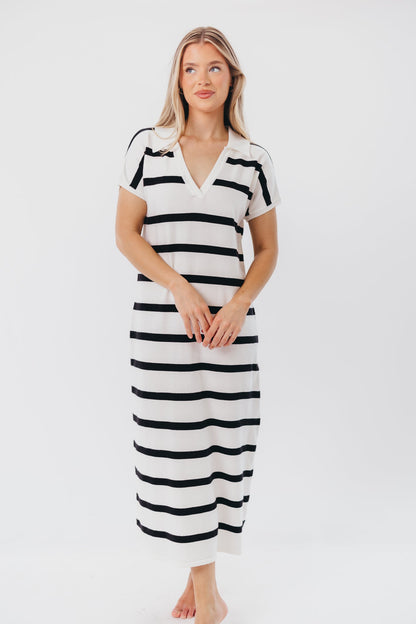 Maggie Knit Maxi Dress with Collar in Off-White/Black Stripe