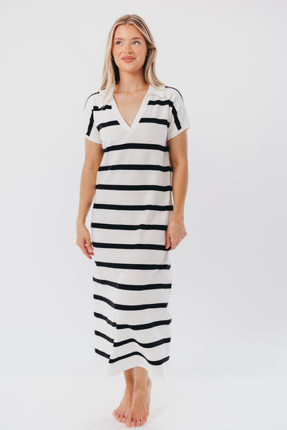 Maggie Knit Maxi Dress with Collar in Off-White/Black Stripe