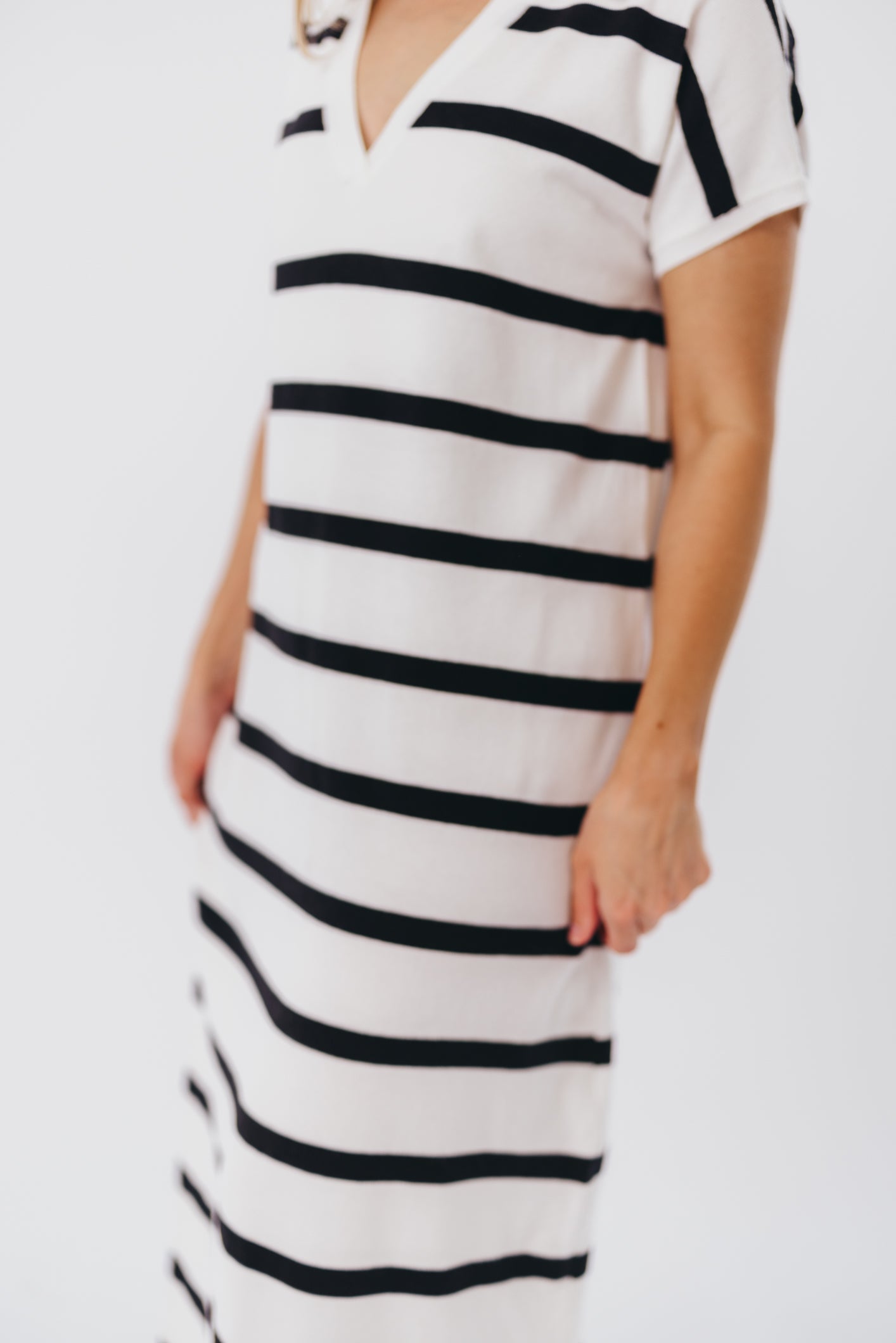 Maggie Knit Maxi Dress with Collar in Off-White/Black Stripe