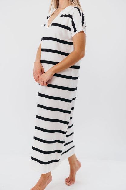 Maggie Knit Maxi Dress with Collar in Off-White/Black Stripe