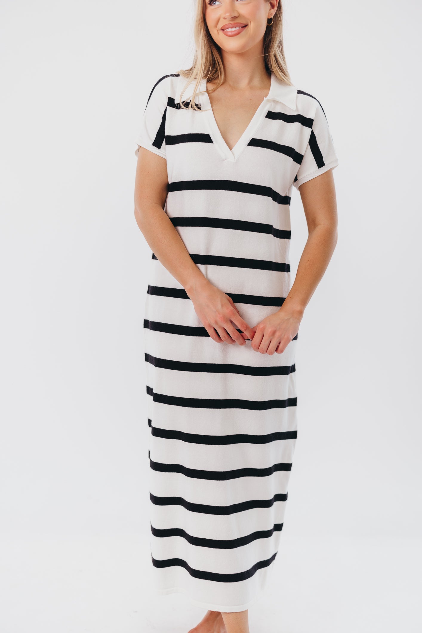 Maggie Knit Maxi Dress with Collar in Off-White/Black Stripe