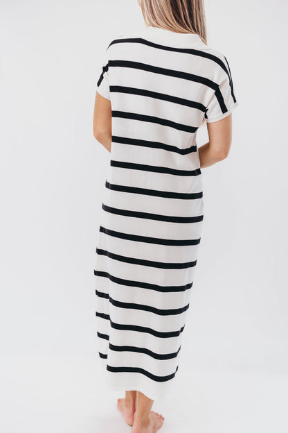 Maggie Knit Maxi Dress with Collar in Off-White/Black Stripe