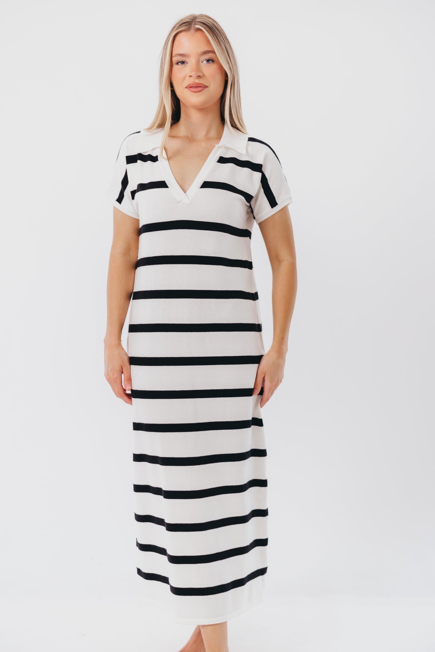 Maggie Knit Maxi Dress with Collar in Off-White/Black Stripe