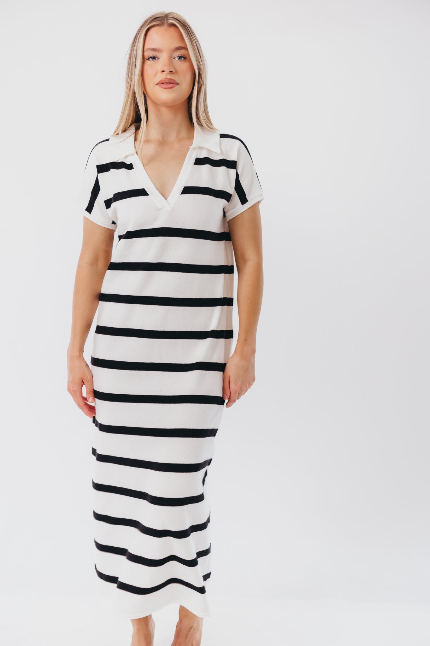 Maggie Knit Maxi Dress with Collar in Off-White/Black Stripe