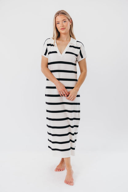 Maggie Knit Maxi Dress with Collar in Off-White/Black Stripe