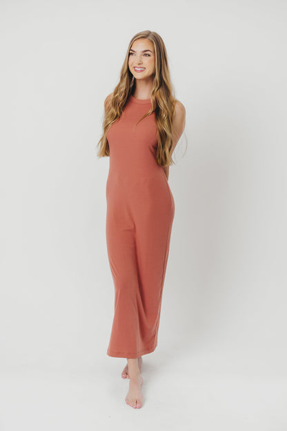 Hope Ribbed Knit Maxi Dress with Back Slit in Terracotta