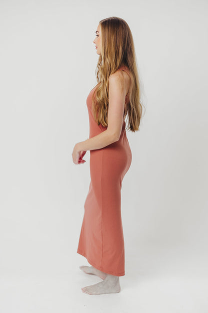 Hope Ribbed Knit Maxi Dress with Back Slit in Terracotta