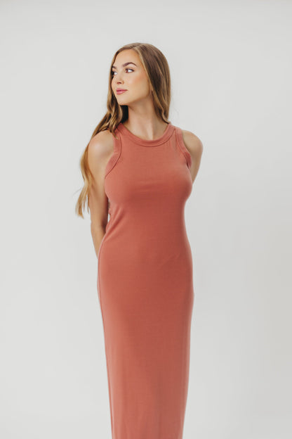 Hope Ribbed Knit Maxi Dress with Back Slit in Terracotta