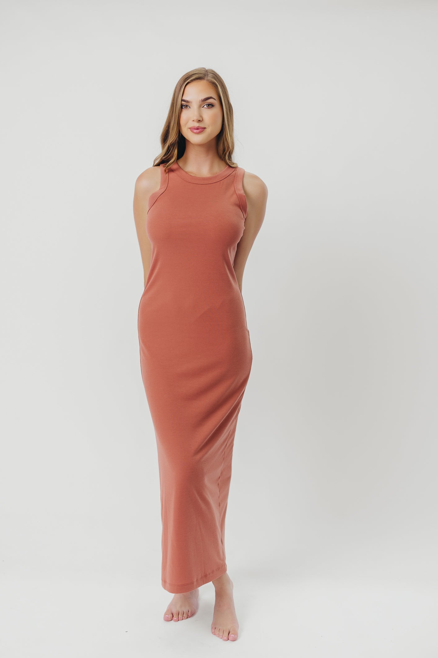 Hope Ribbed Knit Maxi Dress with Back Slit in Terracotta