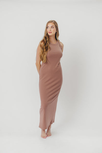 Hope Ribbed Knit Maxi Dress with Back Slit in Mocha