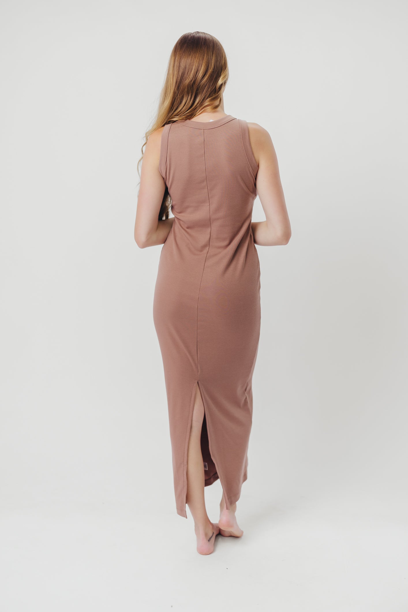 Hope Ribbed Knit Maxi Dress with Back Slit in Mocha