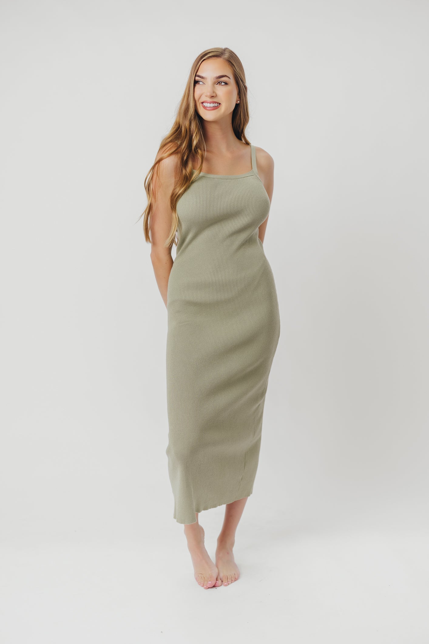 Katelyn Tie-Back Ribbed Midi Dress in Sage