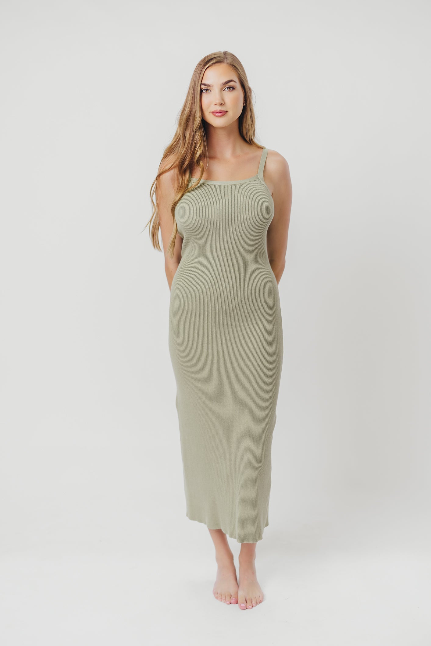 Katelyn Tie-Back Ribbed Midi Dress in Sage