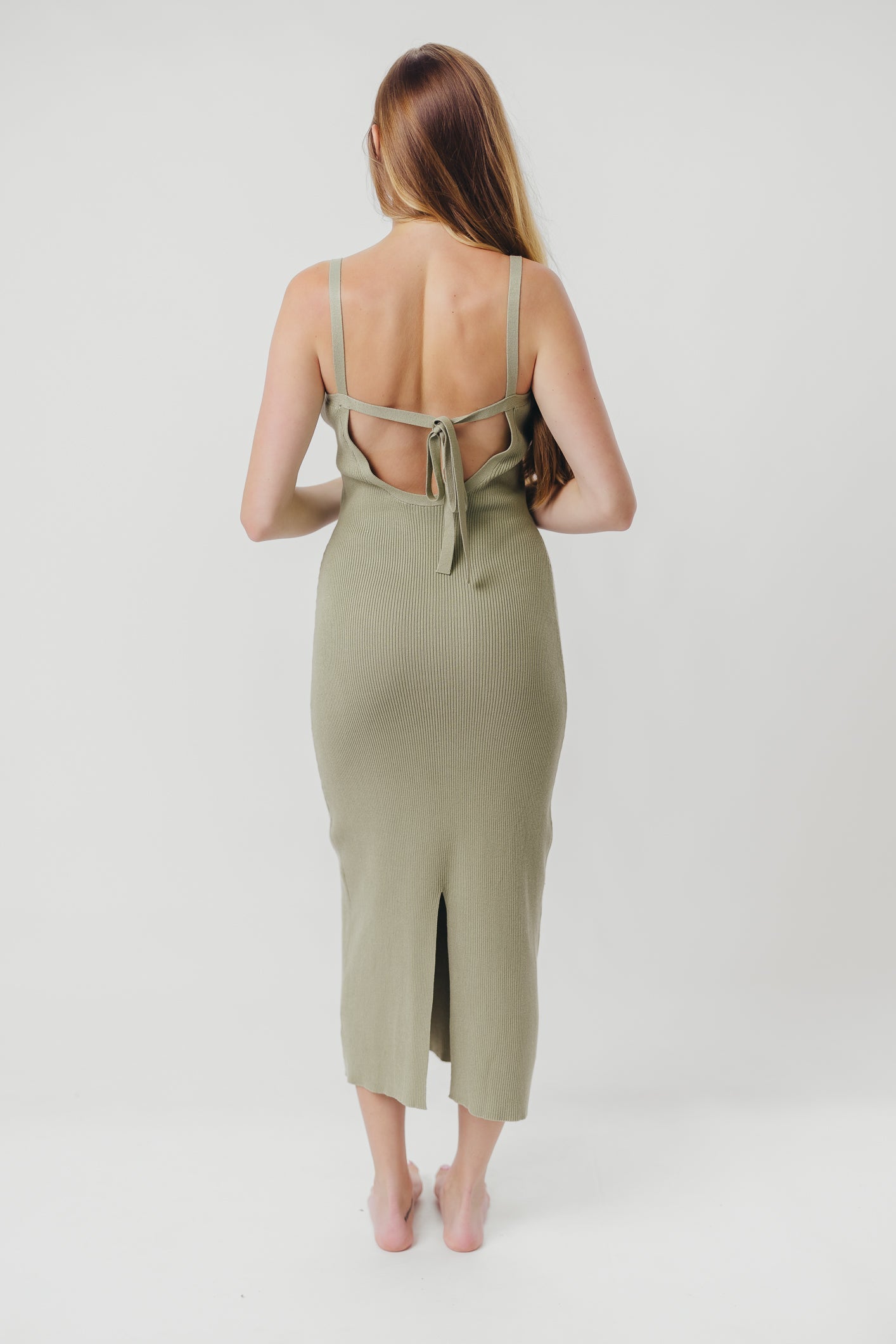 Katelyn Tie-Back Ribbed Midi Dress in Sage