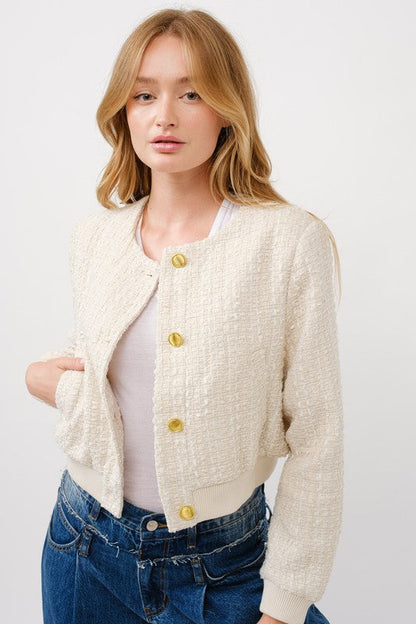 Waitlist 7/5 ♥ Dakota Long Sleeve Tweed Bomber Jacket Ivory