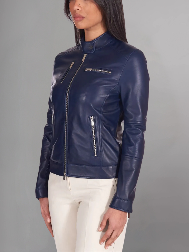 Blue natural leather biker jacket four zipper pockets