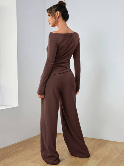 Mia – solid, casual set of long sleeve shirt and wide leg trousers