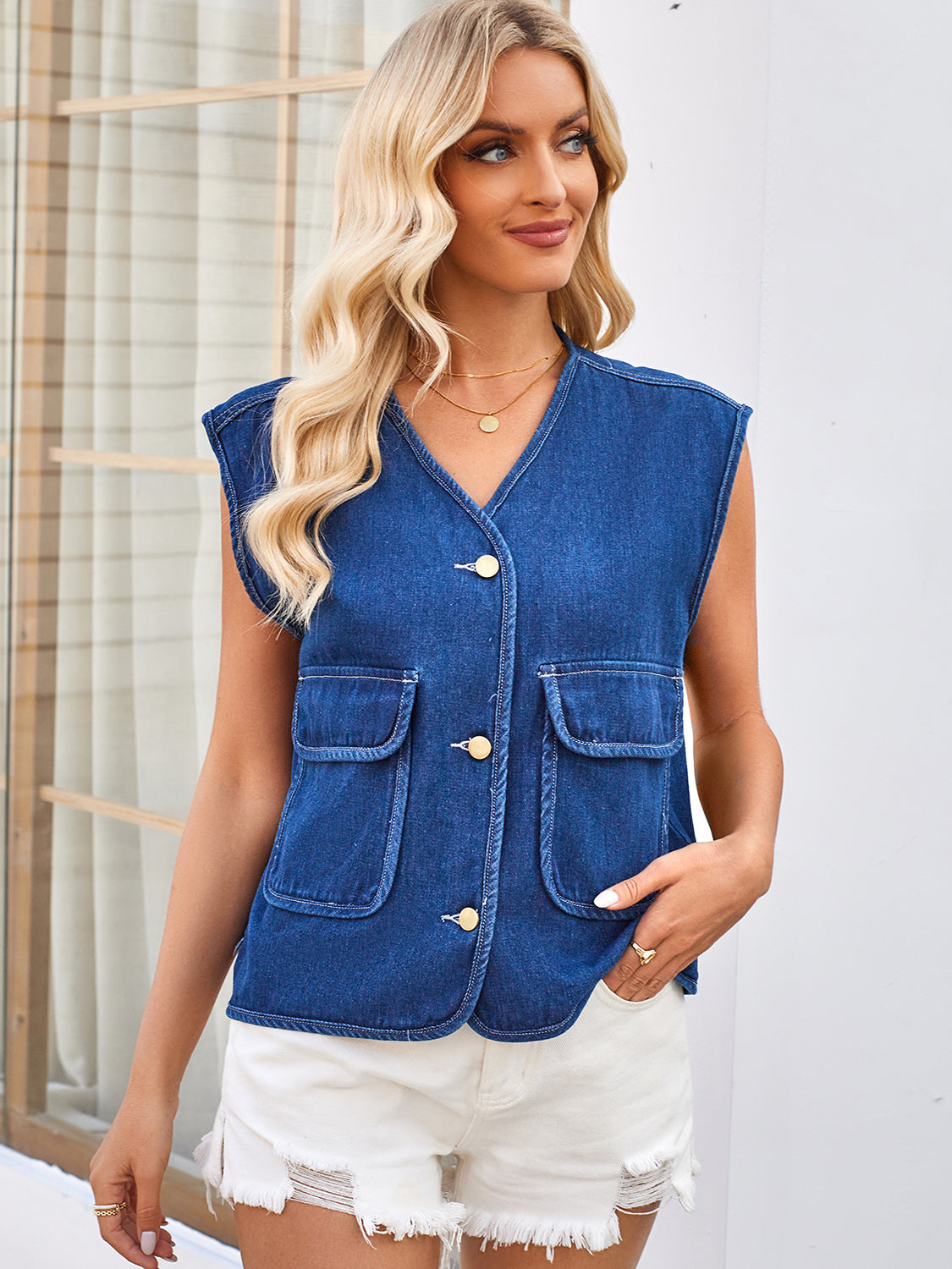 Button Up V-Neck Denim Vest