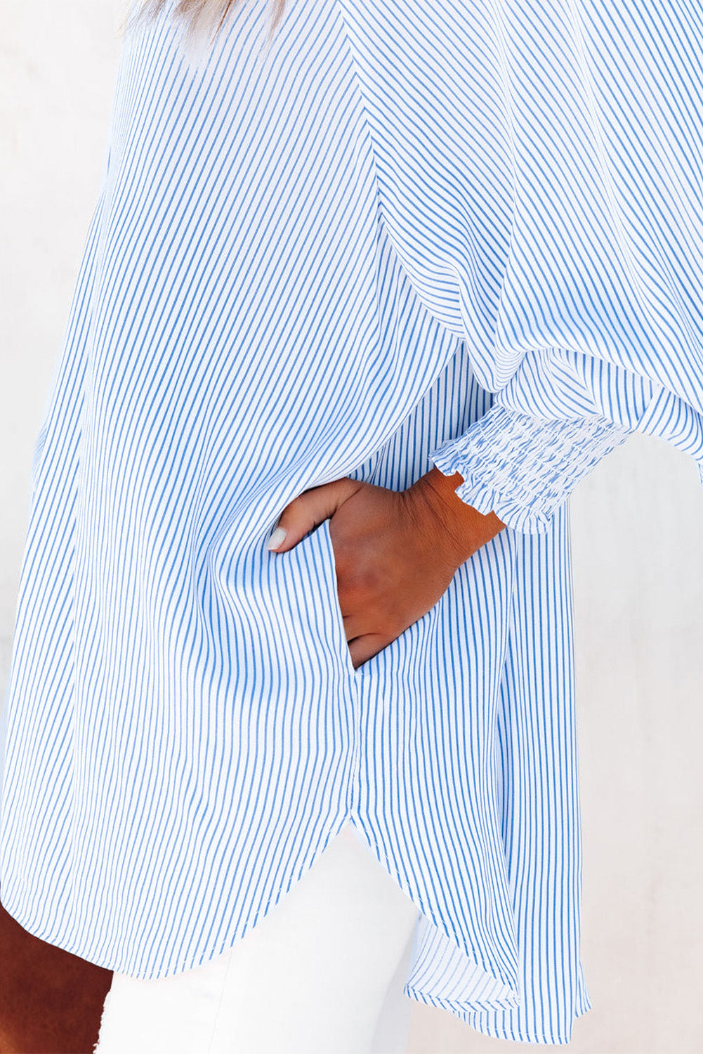 Light Blue Striped Casual Shirred Cuffs Shirt