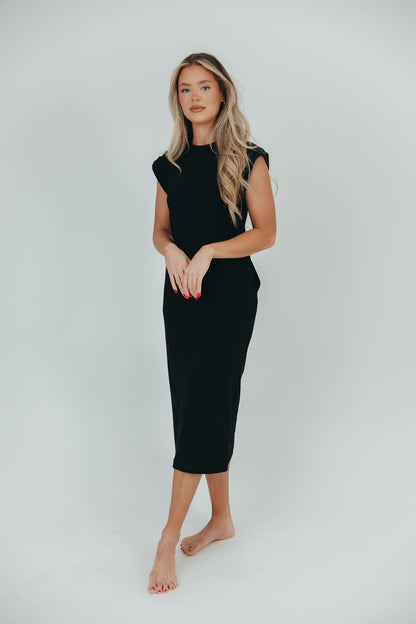 Adeline Mini Ribbed Knit Midi Dress in Black