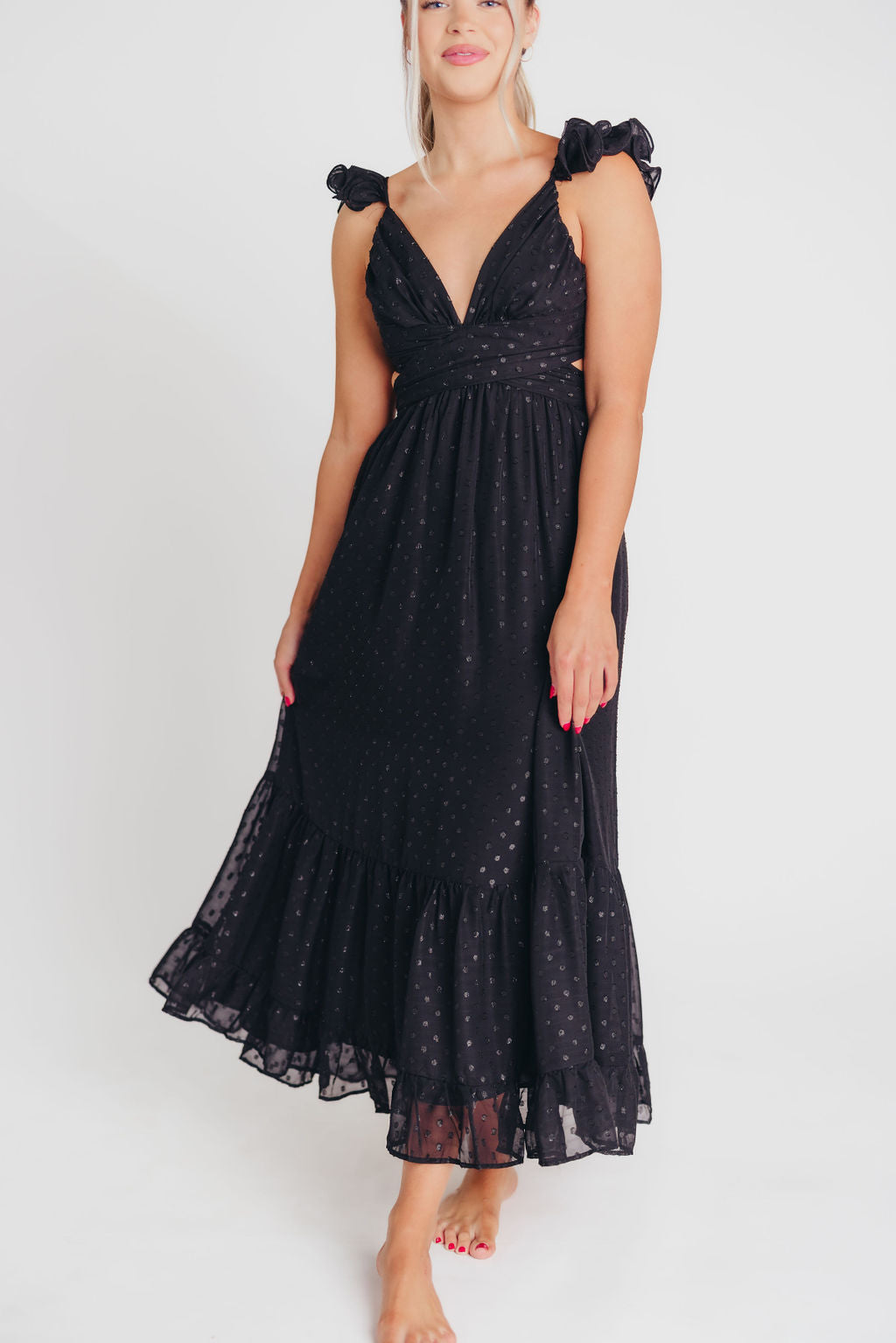 Ingrid Embroidered Maxi Dress in Black Dots