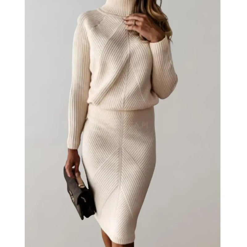 Elegant women's set with roll-neck sweater and skirt