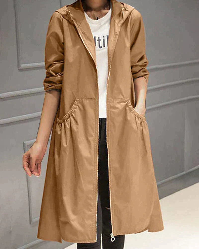 Long hooded zip jacket with front pockets – women