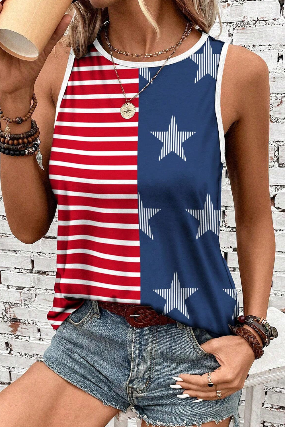 Red USA Flag Print Colorblock Round Neck Tank Top