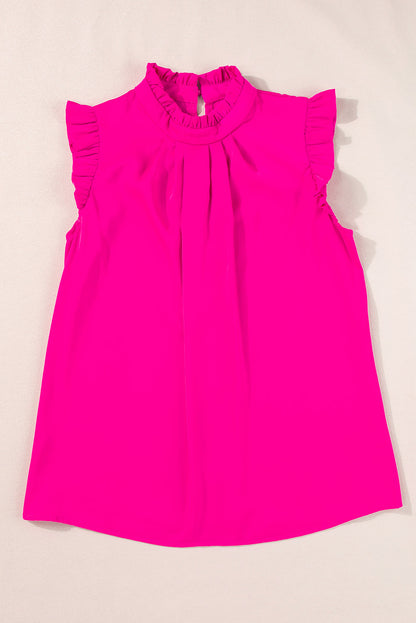 Bright Pink Frilled Trim Sleeveless Pleated Blouse